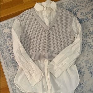 Anthropology Gray Knit Vest with White Button-Up Shirt